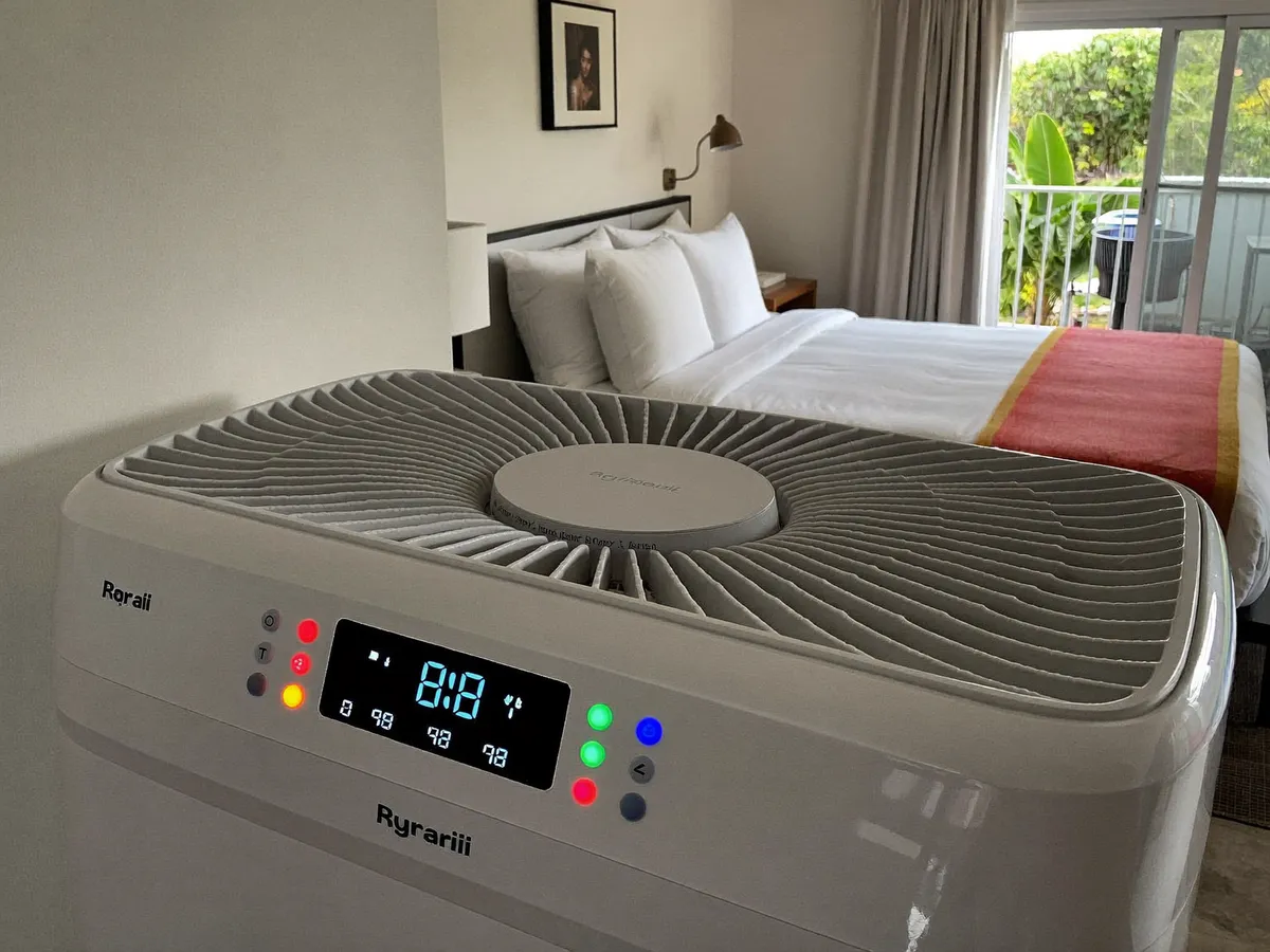 Dehumidifier controlling humidity in a Bali villa bedroom