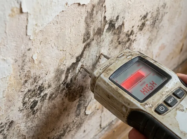 Moisture meter showing high reading on a mold-affected wall